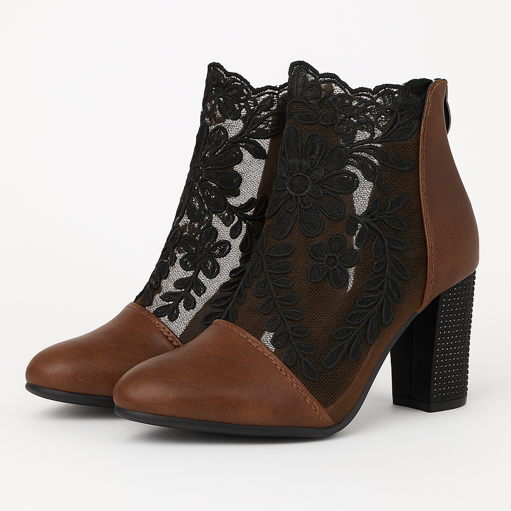 Célina - Kanten Enkellaarsjes met Elegante Hak