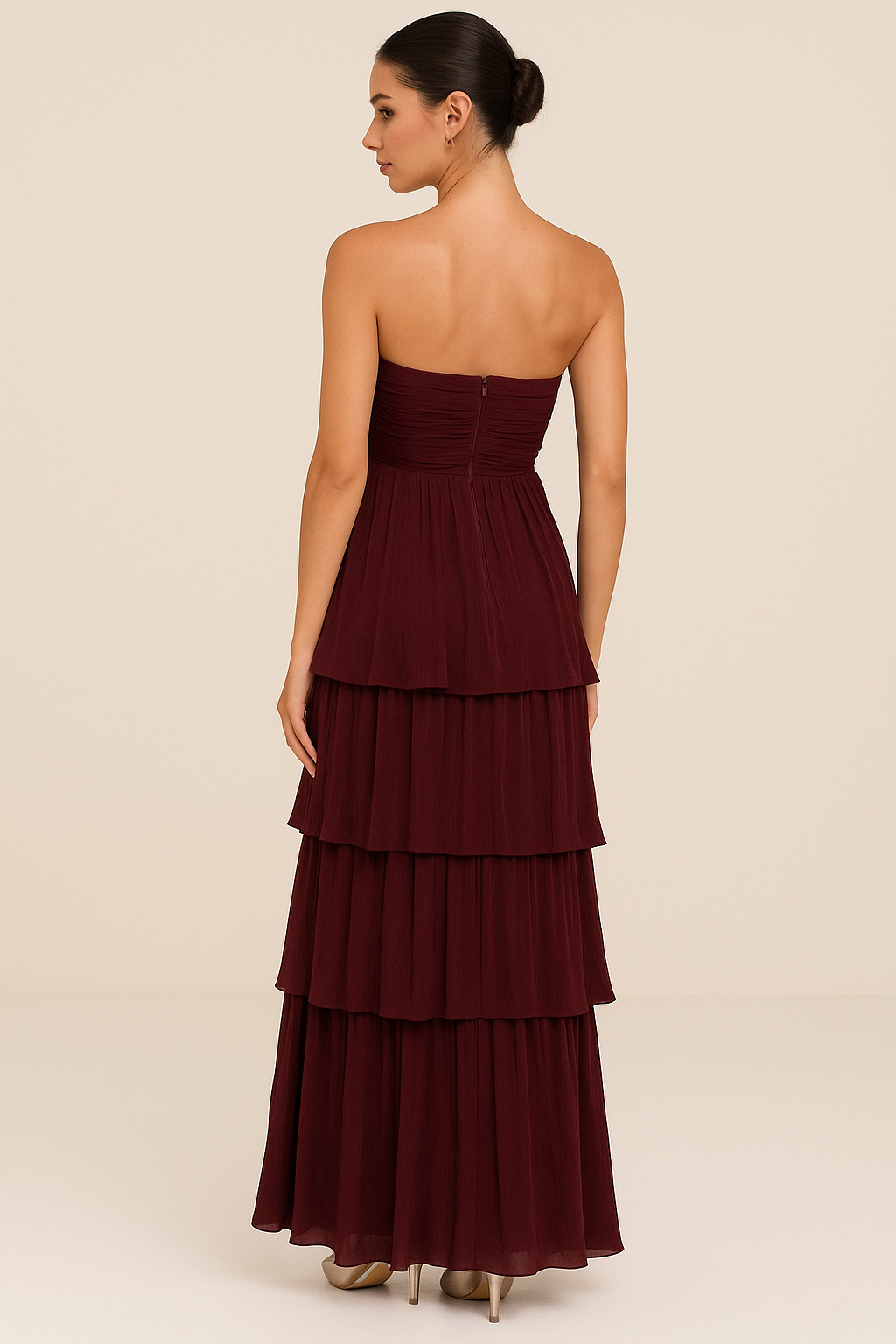 Isaline – Strapless Gelaagde Maxi Jurk in Pruimpaars